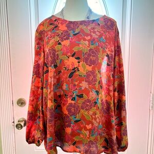 Floral Satin Long-Sleeve Blouse - Coral Multi